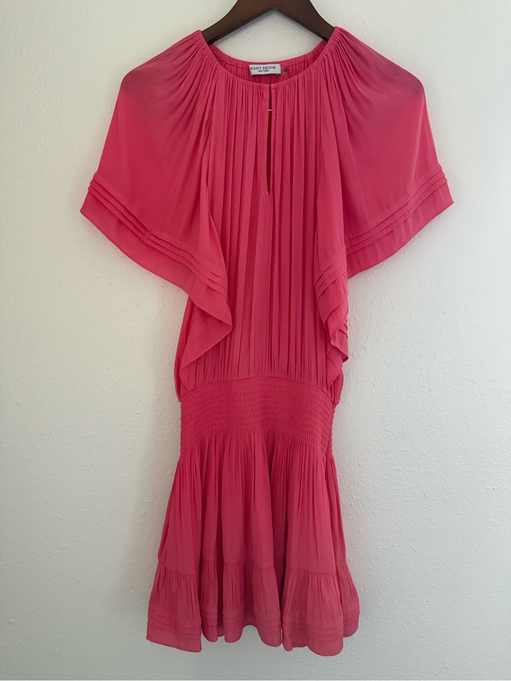 Ramy Brook Coral Pink Cape Flutter Sleeve Smocked Mini Dress Size S